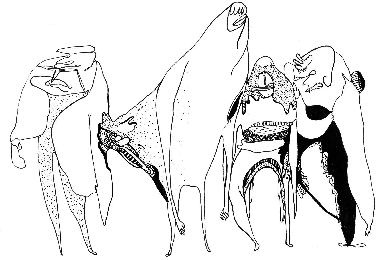 Chroniques de l'errance — créatures hybrides aux anatomies ouvertes et têtes coulantes, à l'encre. FREDC, 2013.