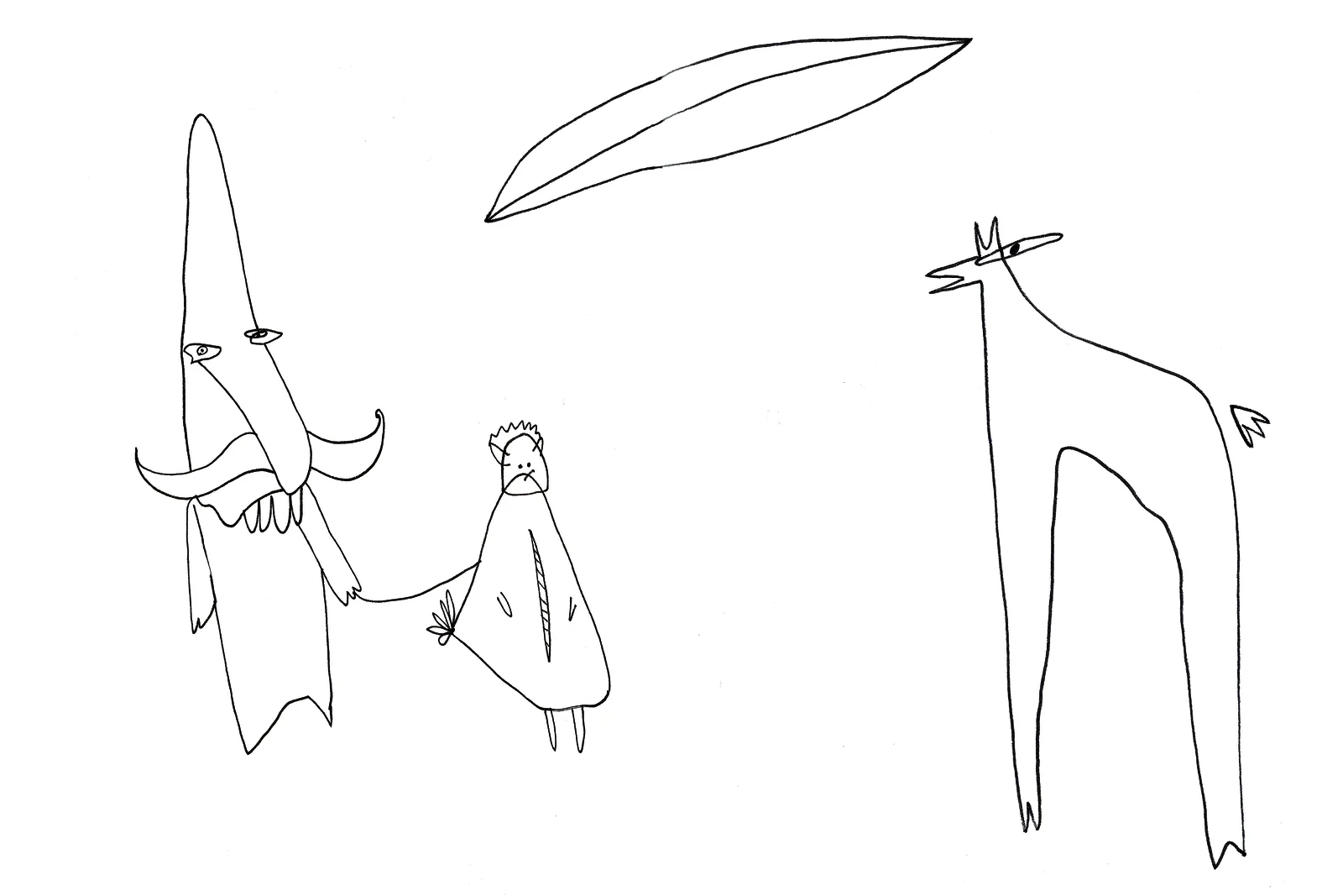 Chroniques de l'errance — figures au trait : une figure à long nez tenant un oiseau, et une créature longiligne. FREDC, 2013.