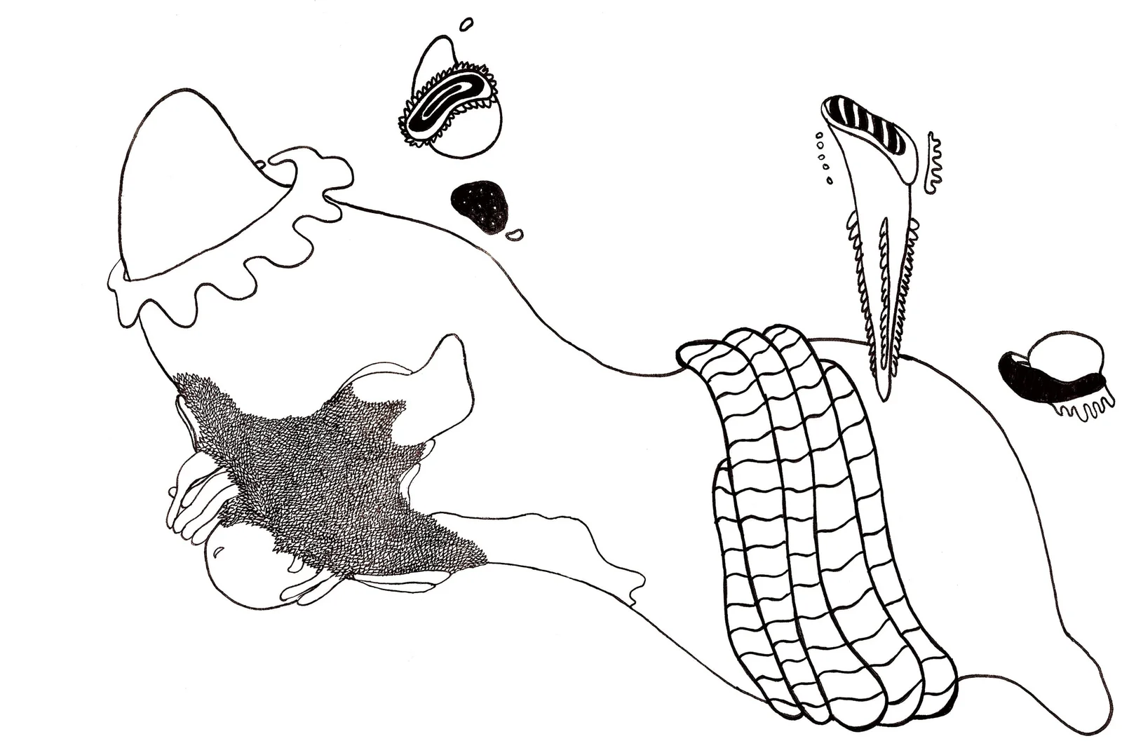 Chroniques de l'errance, pages 10-11 — grande figure allongée à l'encre, créature à collerette et formes flottantes. FREDC, 2013.