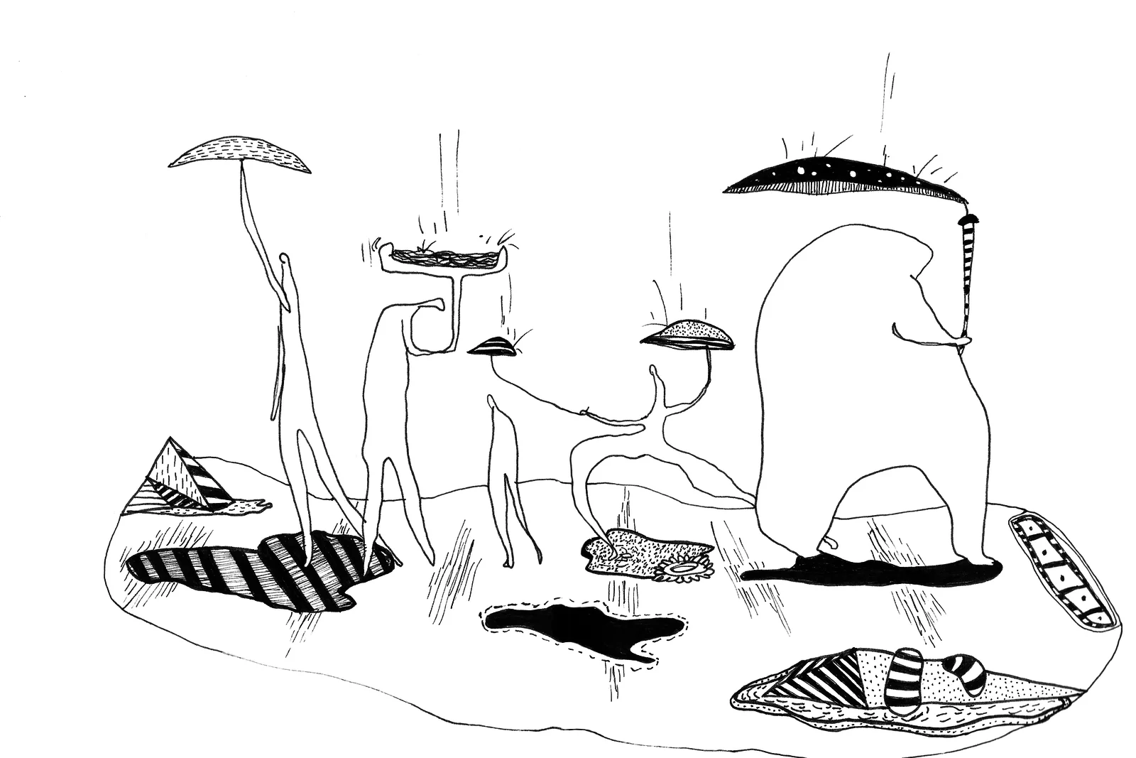 Chroniques de l'errance, pages 20-21 — cortège de figures longilignes portant des champignons-ombrelles. Encre, FREDC, 2013.