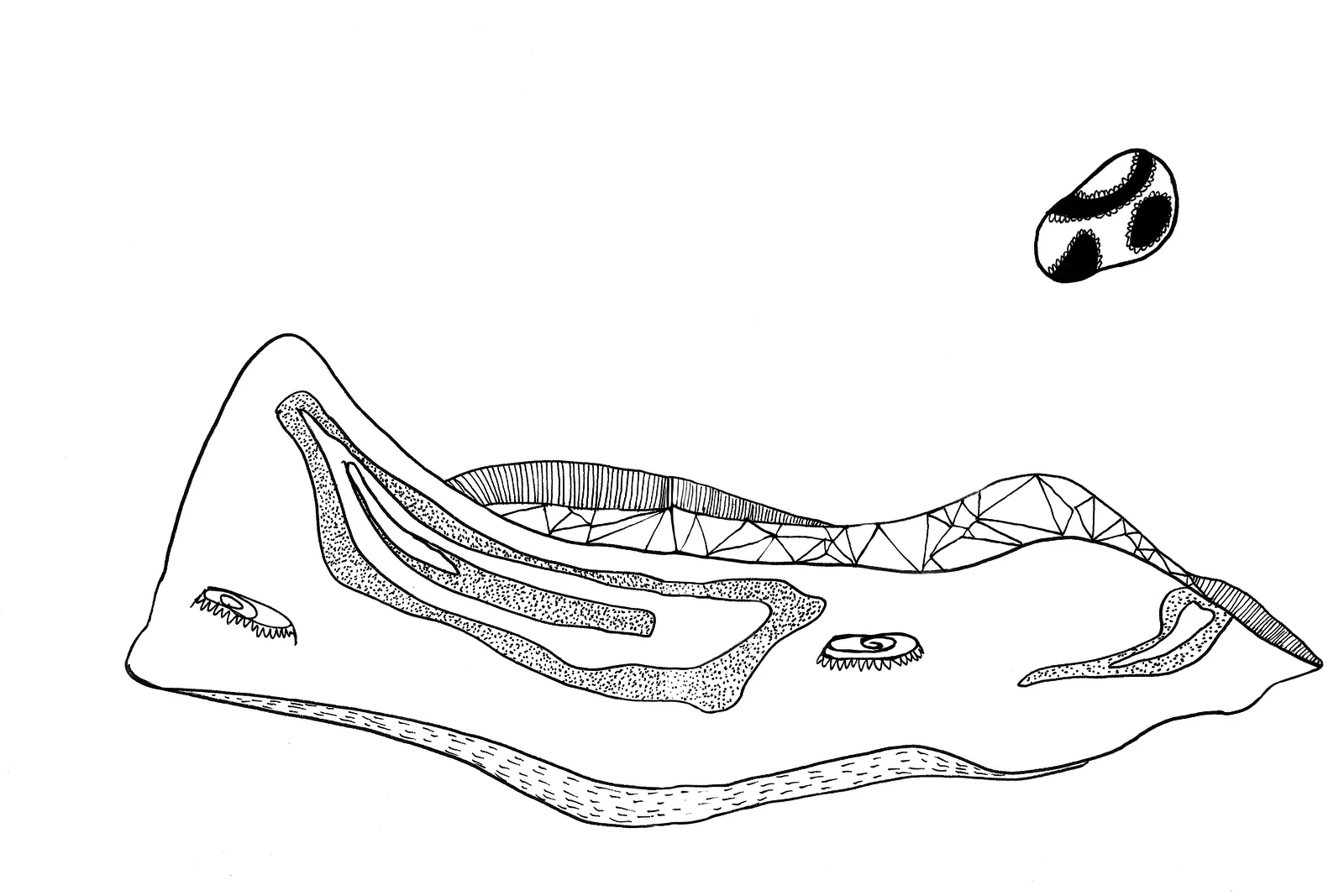 Chroniques de l'errance, pages 24-25 — grande créature-radeau couchée et forme mouchetée flottante. Encre, FREDC, 2013.