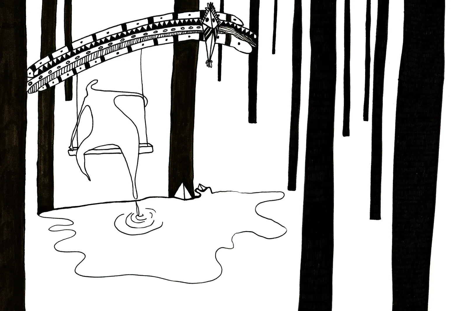 Chroniques de l'errance, pages 12-13 — vue panoramique en double page, paysage mental à l'encre et couleur. FREDC, 2013.