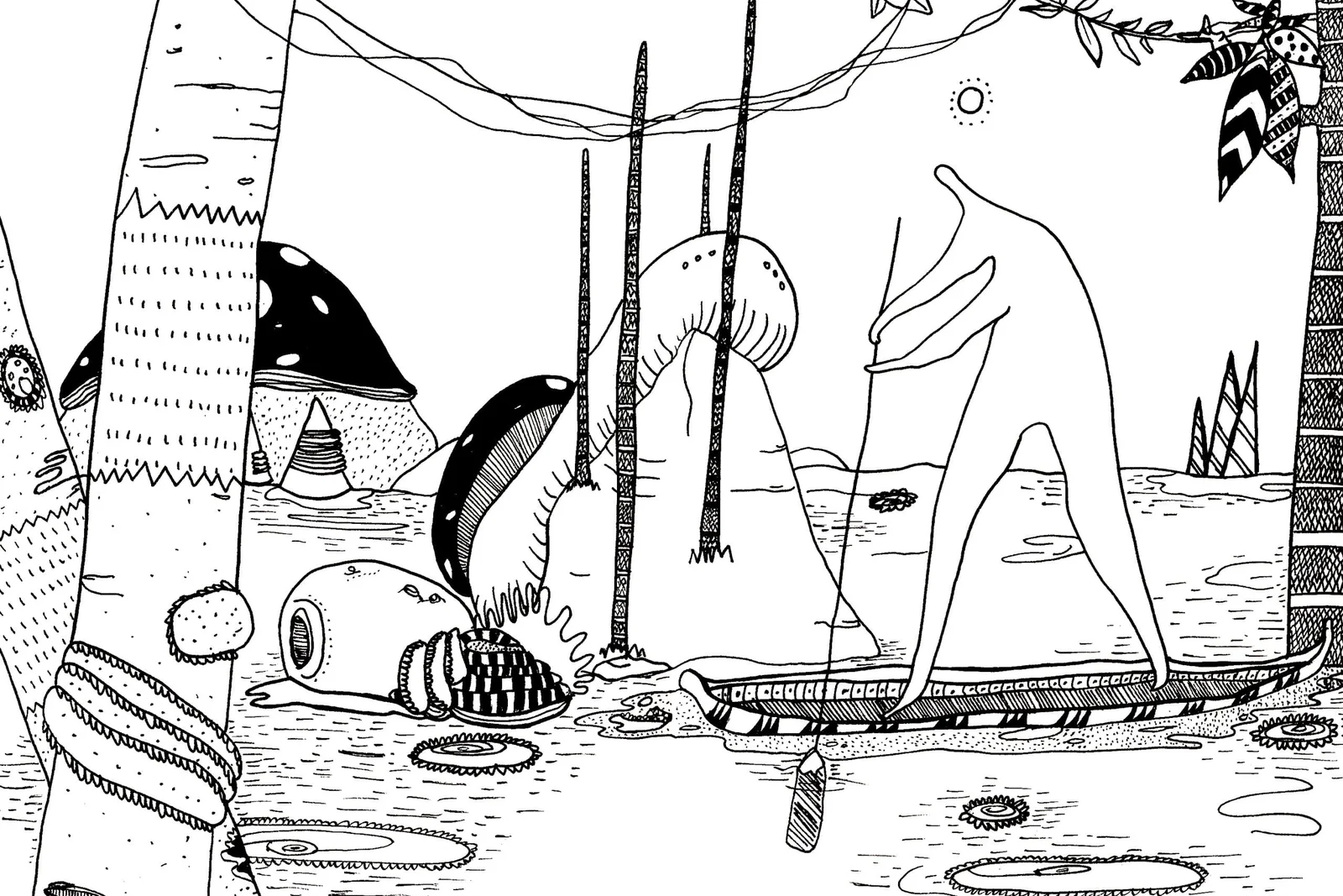Chroniques de l'errance, pages 6-7 — forêt onirique à l'encre : arbres-écorces, créatures couchées et formes flottantes. FREDC, 2013.