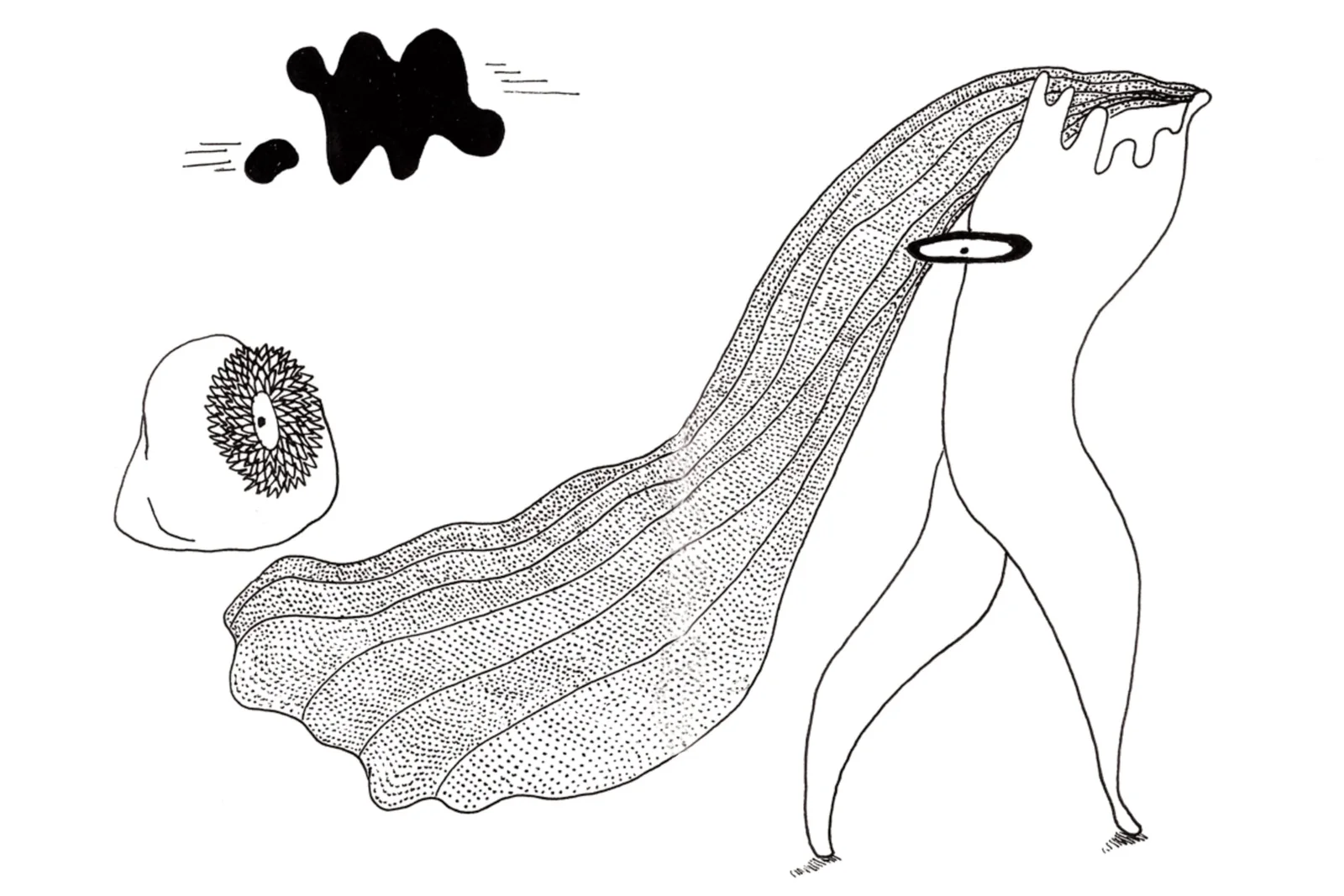 Chroniques de l'errance — figure longiligne à la longue traîne pointillée, œil-fleur flottant et tache d'encre. FREDC, 2013.
