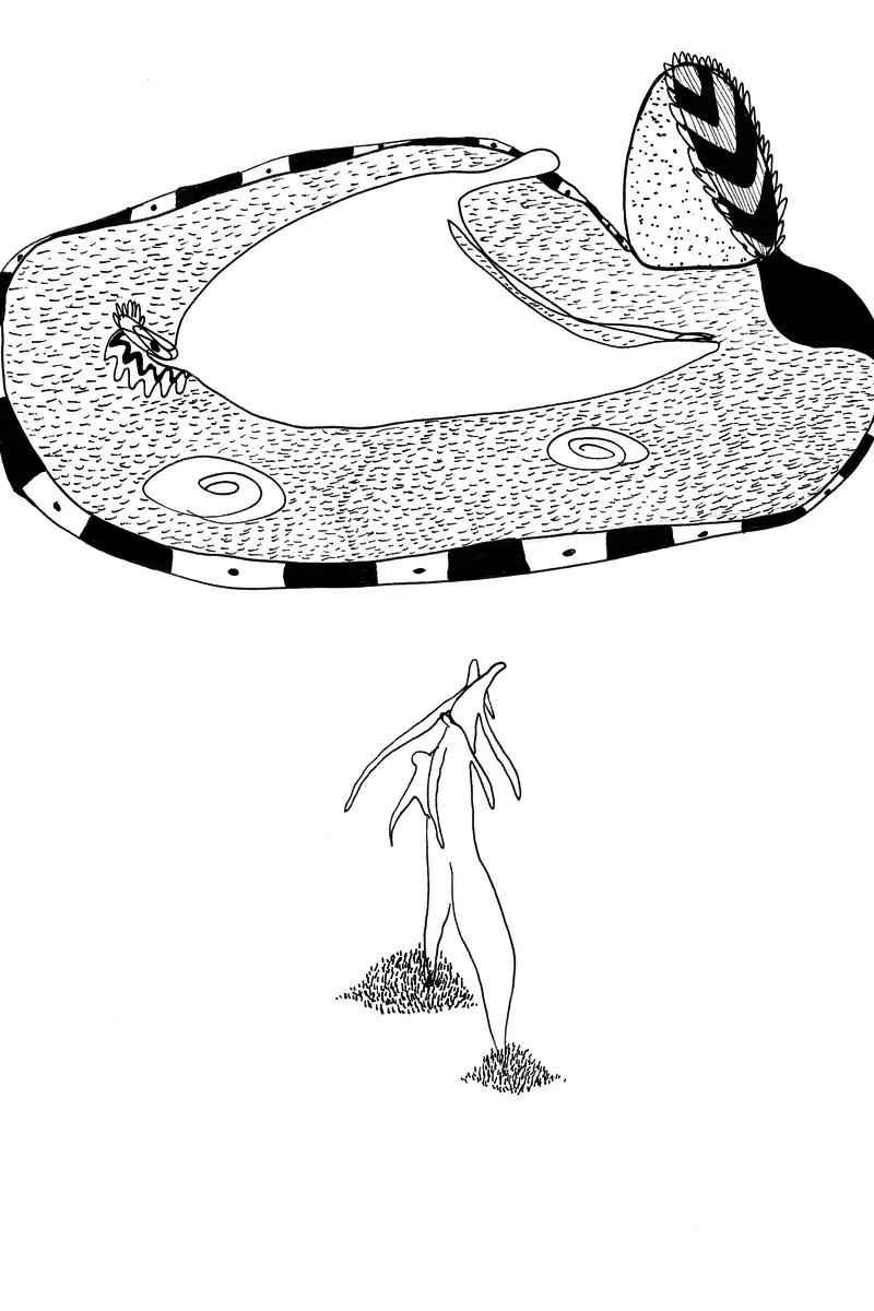 Chroniques de l'errance, pages 18-19 — grande masse ovale piquetée suspendue au-dessus d'une figure aux bras levés. Encre, FREDC, 2013.