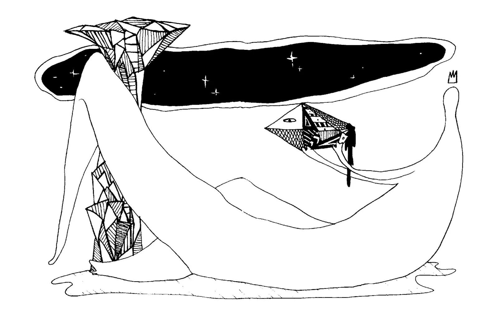 Chroniques de l'errance — grande créature blanche couchée portant une nuit étoilée et des cristaux, à l'encre. FREDC, 2013.