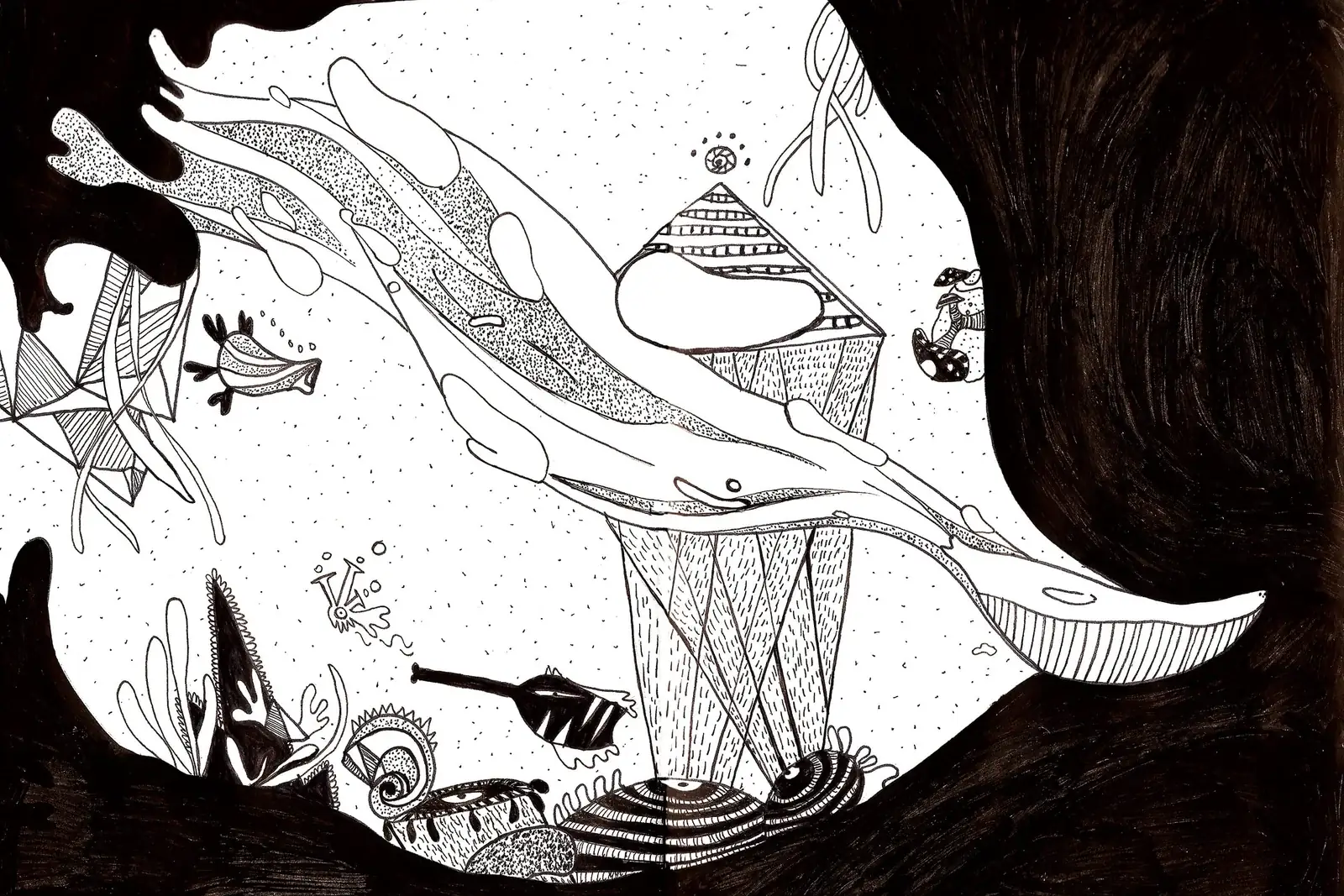 Chroniques de l'errance — vignette nocturne : une baleine onirique flotte au-dessus d'un paysage en silhouette. FREDC, 2013.