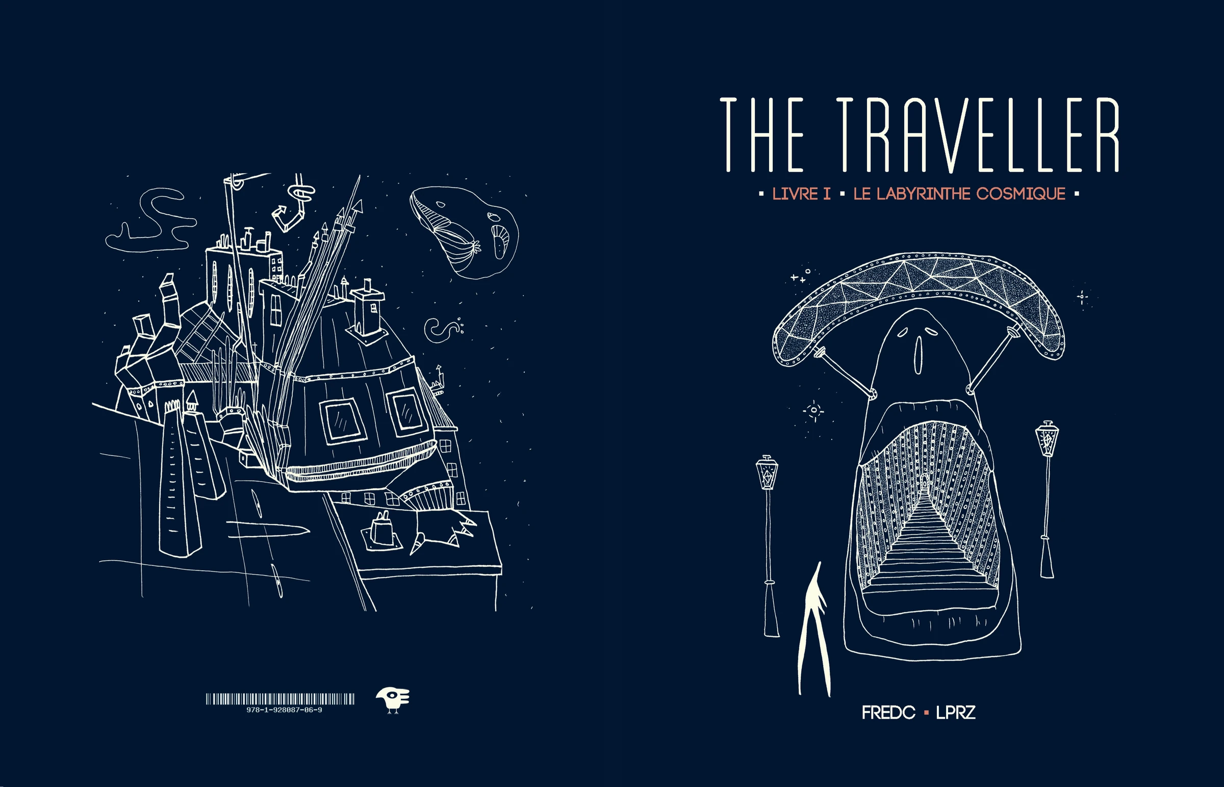The Traveller I — double couverture recto-verso : figure du voyageur sur fond cosmique, typographie intégrée au tracé. Roman graphique de FREDC & LPRZ, Éditions Trip, 2014. Encre sur papier.