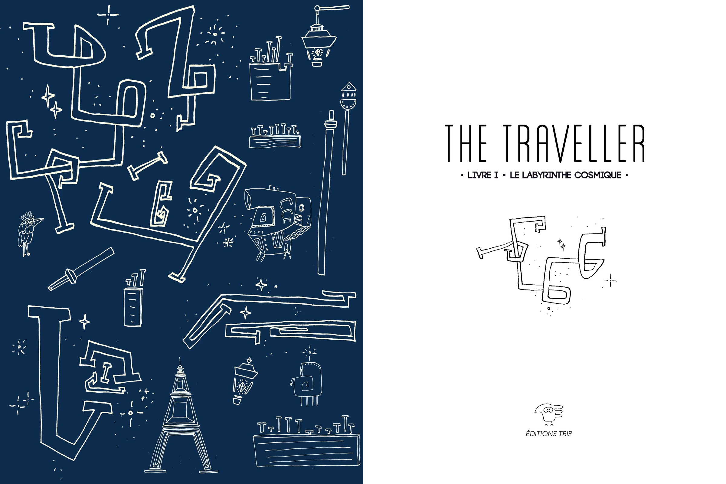 The Traveller I, planche 2 — Le territoire des lettres : le texte de LPRZ structure l'espace visuel en couloirs et frontières, les mots forment le sol. Dessin à l'encre de FREDC, Éditions Trip, 2014.