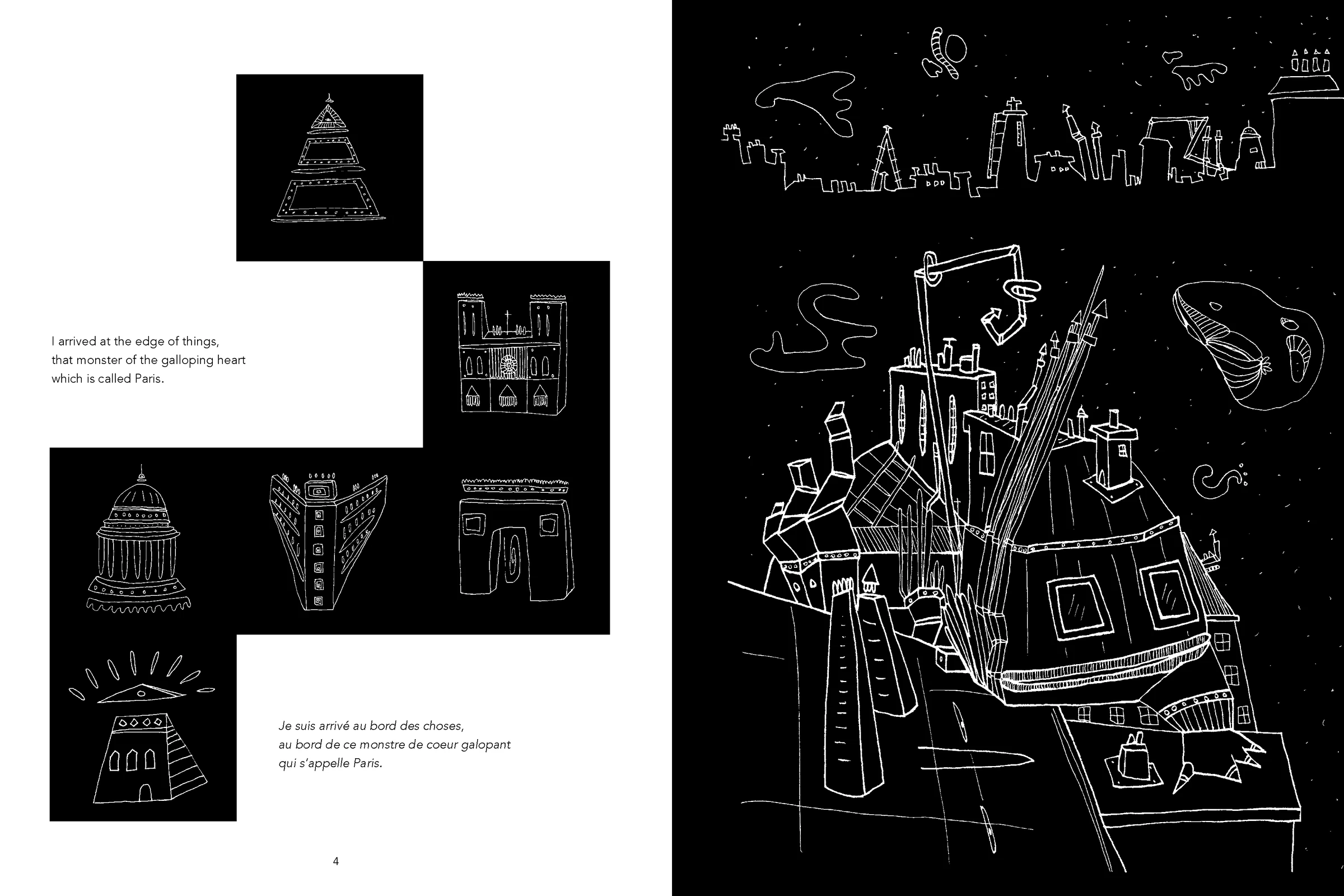 The Traveller I, planche 3 — Le monstre au cœur galopant : créature à anatomie exposée, corps construit comme un diagramme médical, cœur et artères tracés à l'encre. FREDC & LPRZ, Éditions Trip, 2014.