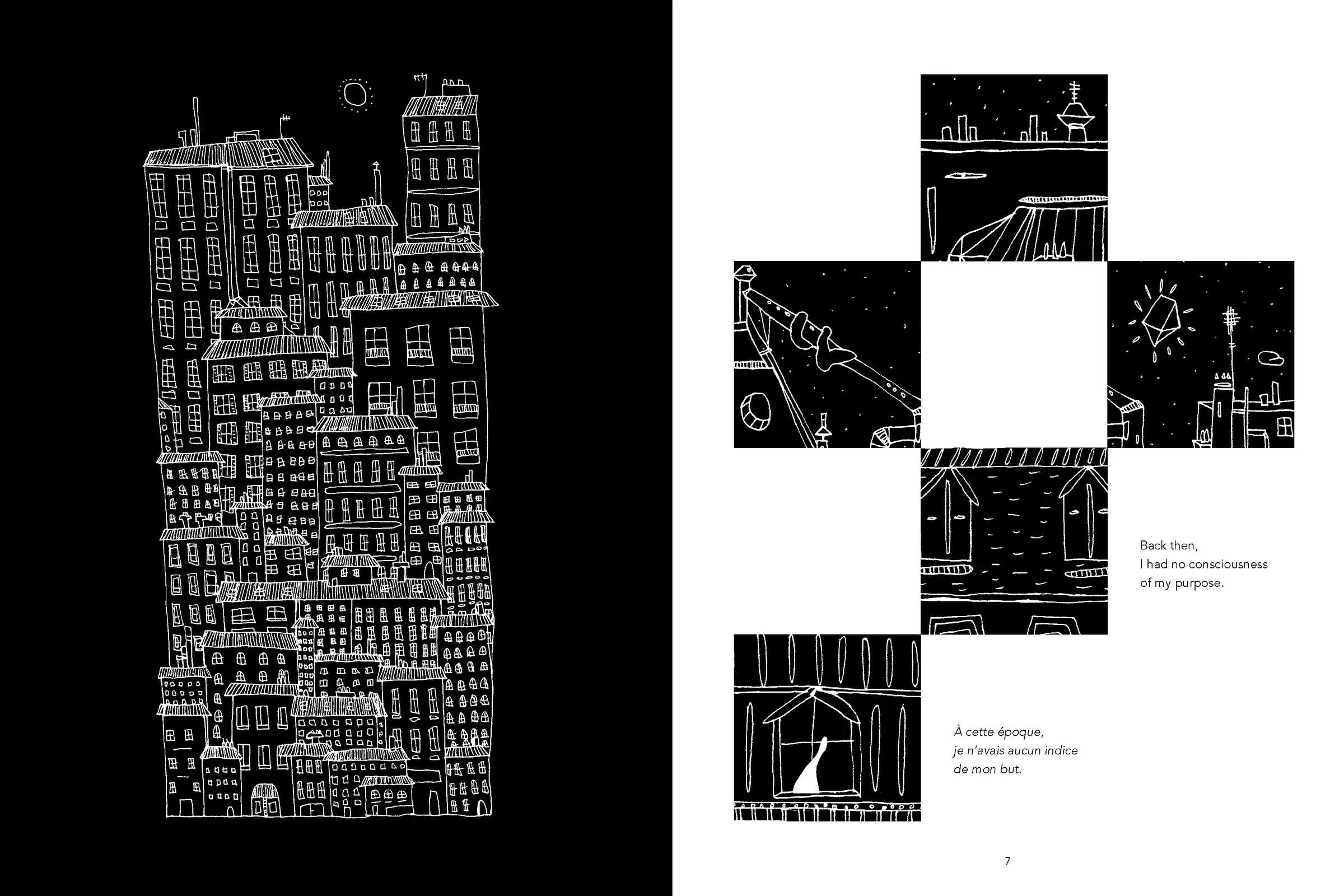 The Traveller I, planche 4 — Architecture du labyrinthe : vue isométrique d'une cité-labyrinthe, blocs et passages organisés en plan serré, densité graphique maximale. Encre de FREDC, Éditions Trip, 2014.