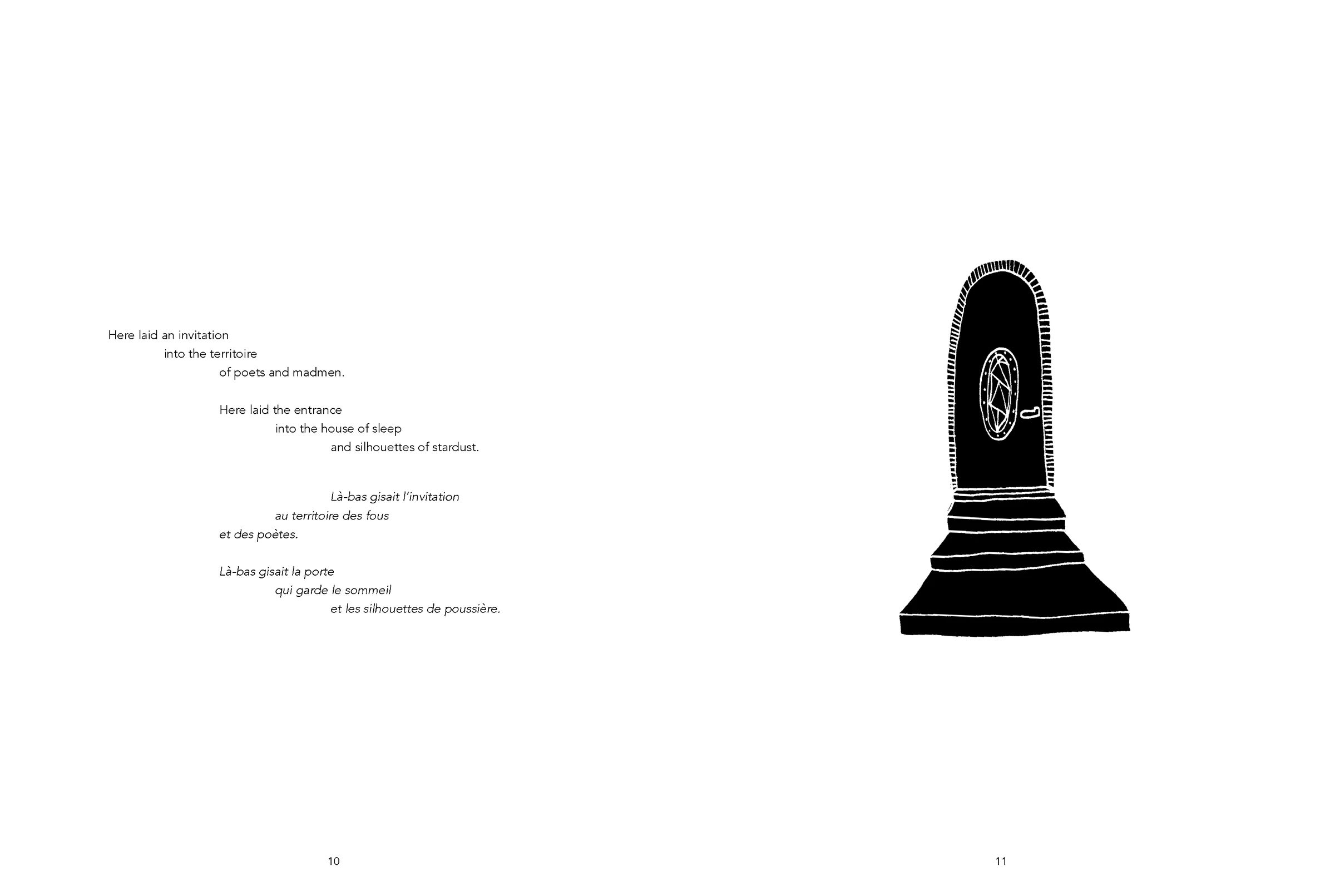 The Traveller I, planche 6 — Invitation au territoire des poètes : demi-page illustrée face au poème de LPRZ, dessin et langue en miroir. Encre de FREDC, Éditions Trip, 2014.
