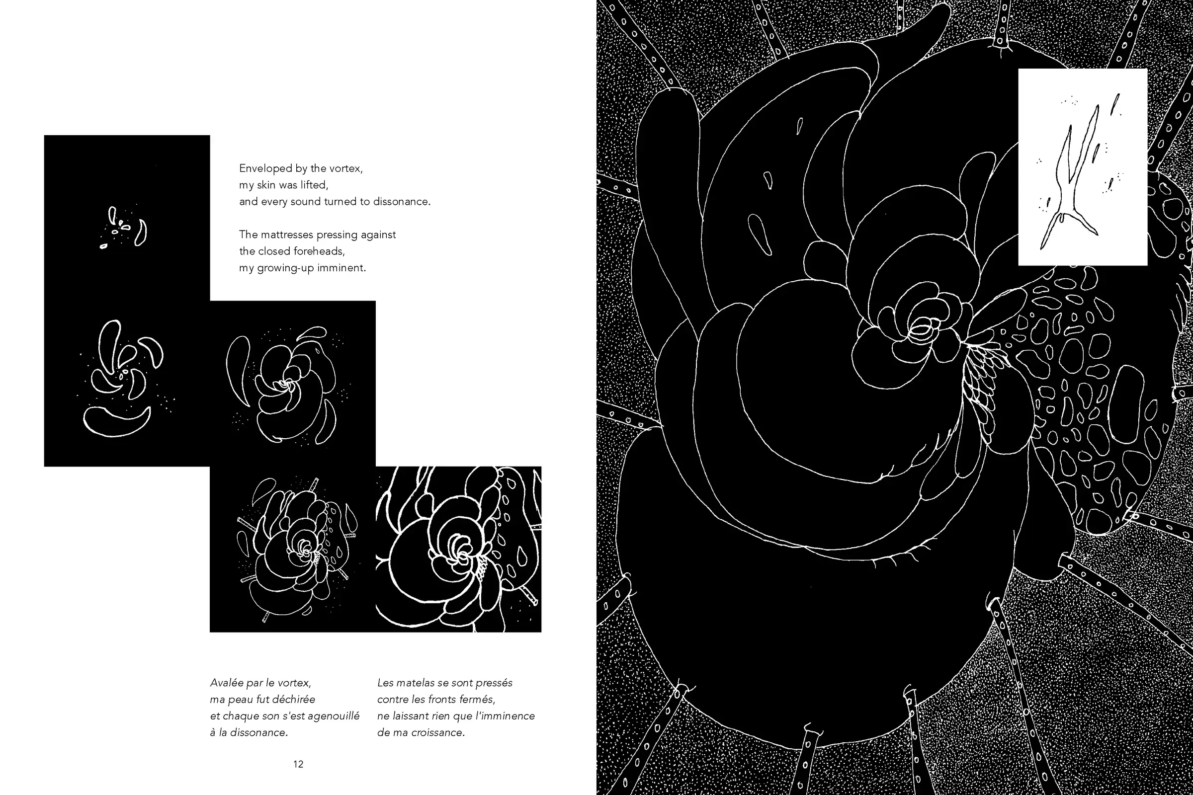 The Traveller I, planche 7 — Dans le vortex : pleine page noire, composition tourbillonnante, figure emportée dans un mouvement spiralé, espace graphique dématérialisé. Encre de FREDC, Éditions Trip, 2014.