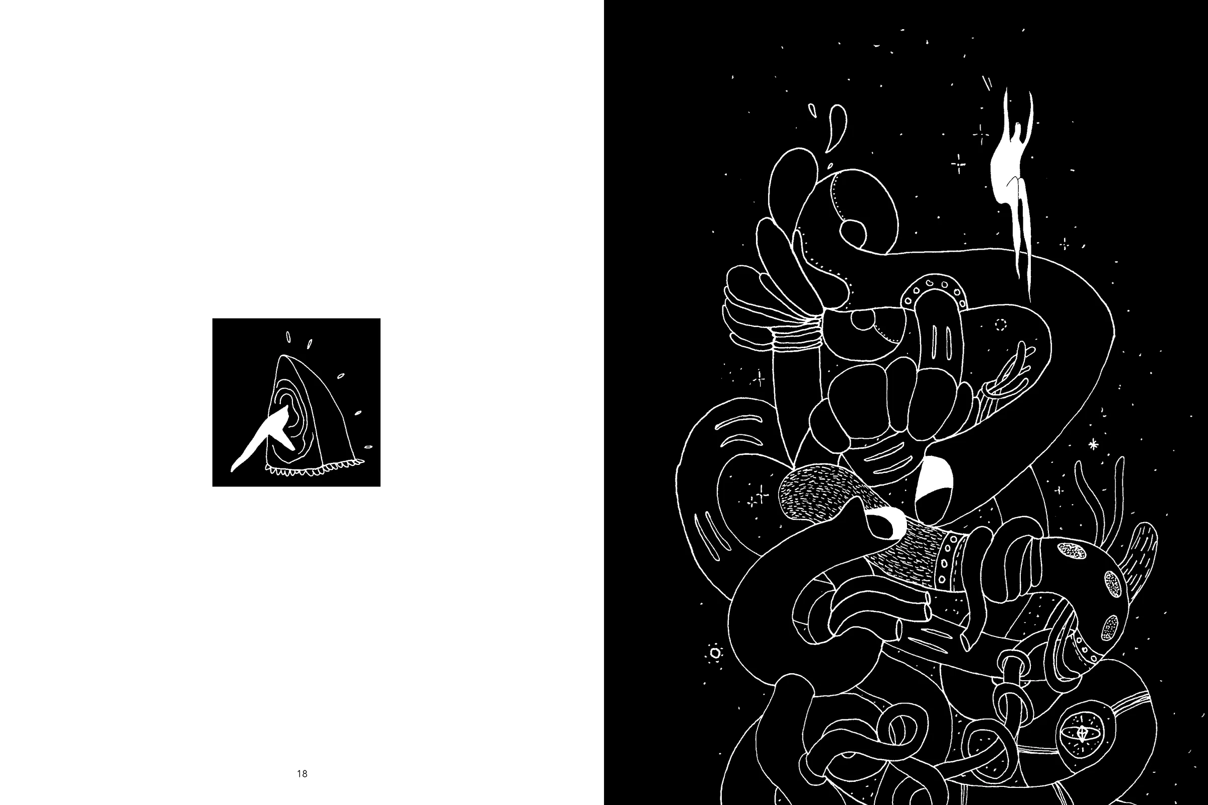 The Traveller I, planche 10 — La grande révélation : silhouette minuscule du voyageur face à l'étendue totale du labyrinthe cosmique. Double page, planche de rupture. FREDC & LPRZ, Éditions Trip, 2014. Encre.