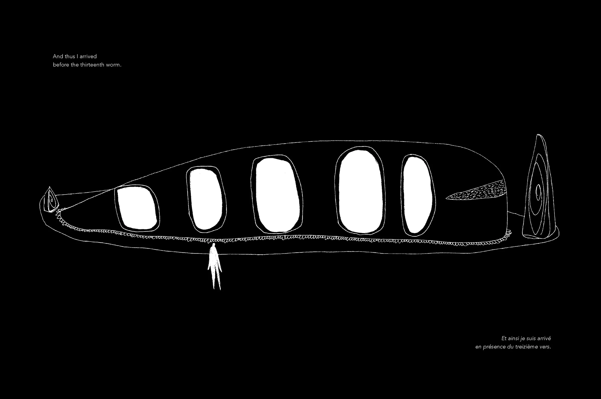 The Traveller I, planche 13 — Le territoire vert : composition ouverte sur fond blanc, formes organiques légères. Moment de respiration contrastant avec la densité des planches précédentes. Encre de FREDC, Éditions Trip, 2014.
