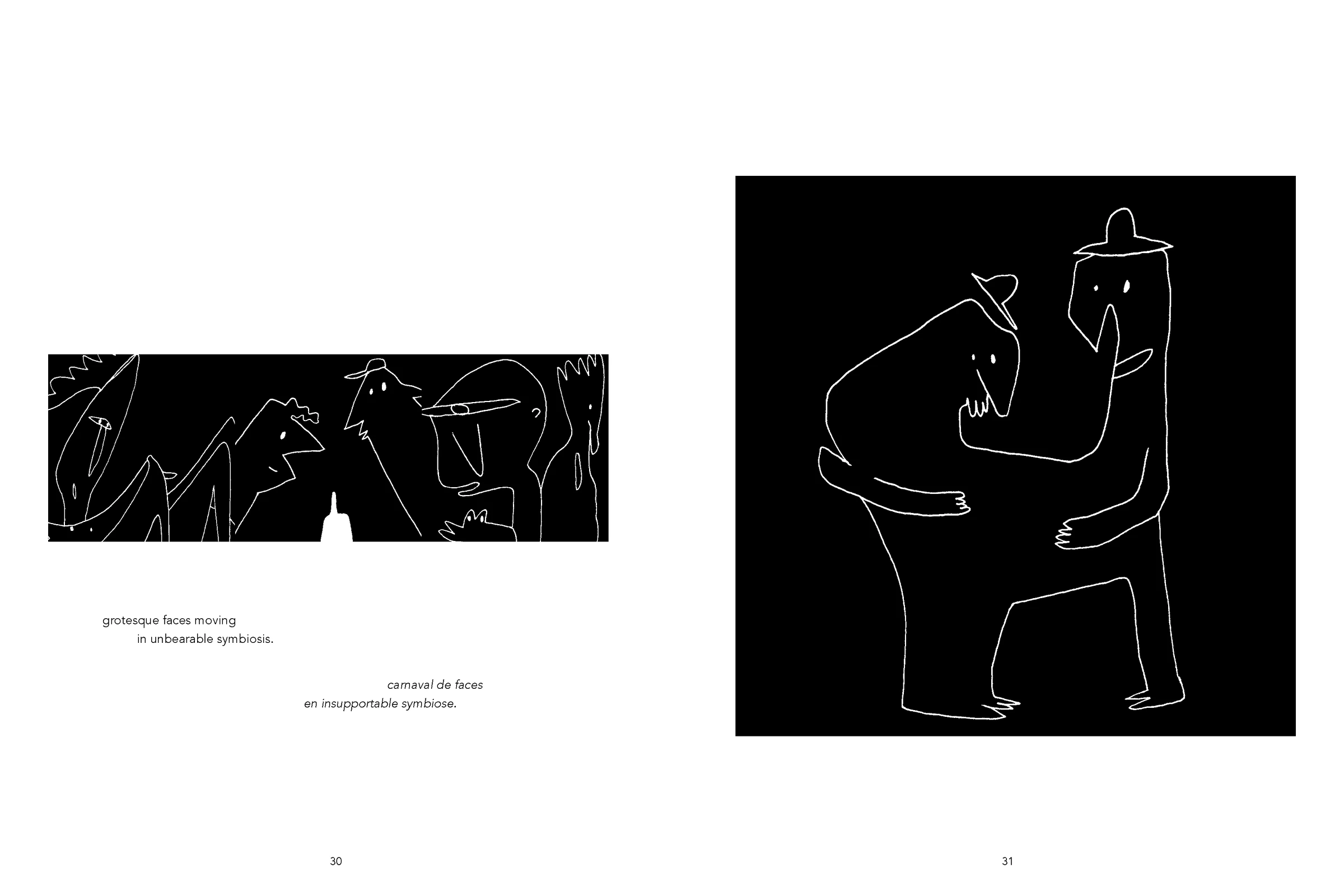 The Traveller I, planche 16 — Carnaval de faces : page saturée de profils, corps morcelés et masques entrelacés, composition proche du rituel ou du cauchemar. Encre de FREDC, Éditions Trip, 2014.