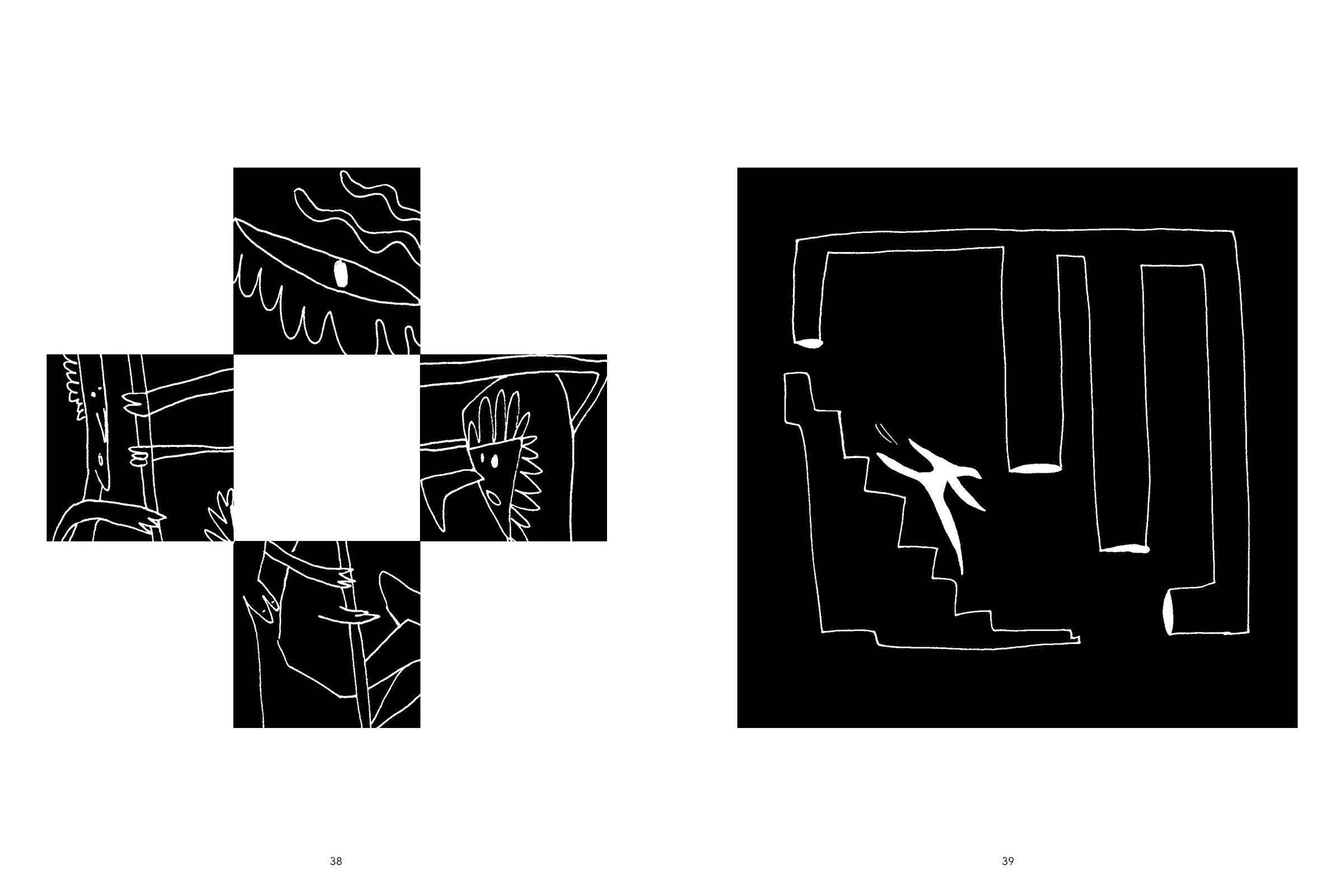 The Traveller I, planche 20 — Le labyrinthe croisé : diagramme aux multiples axes, croisements de routes et chemins contradictoires, la page comme carte impossible. Encre de FREDC, Éditions Trip, 2014.