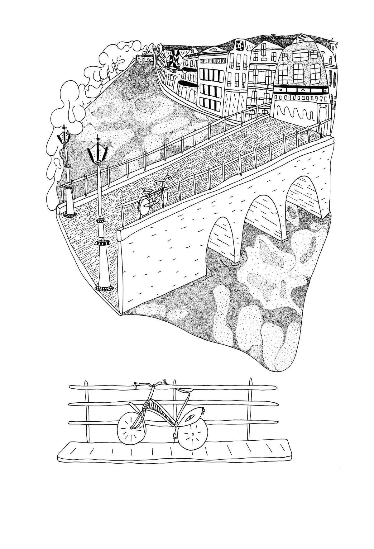 The Traveller II — The One In-Between — Une ville qui s'éveille : Dessin à l'encre. Frédéric Cordier (FREDC), 2016.