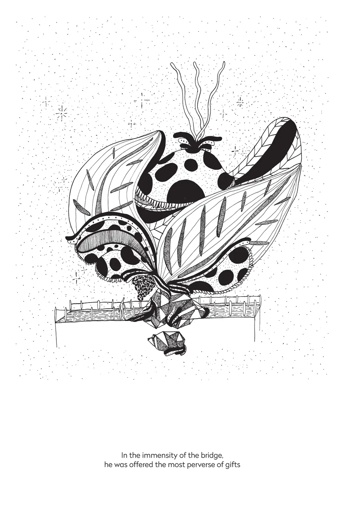 The Traveller II — The One In-Between — Le fruit : Dessin à l'encre. Frédéric Cordier (FREDC), 2016.